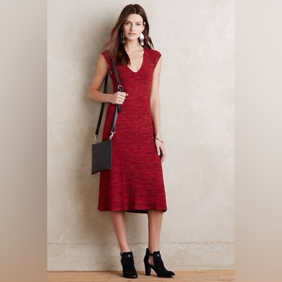 Anthropology/ Maeve Red Sheath Midi Dress with V-Neck - Picture 1 of 4